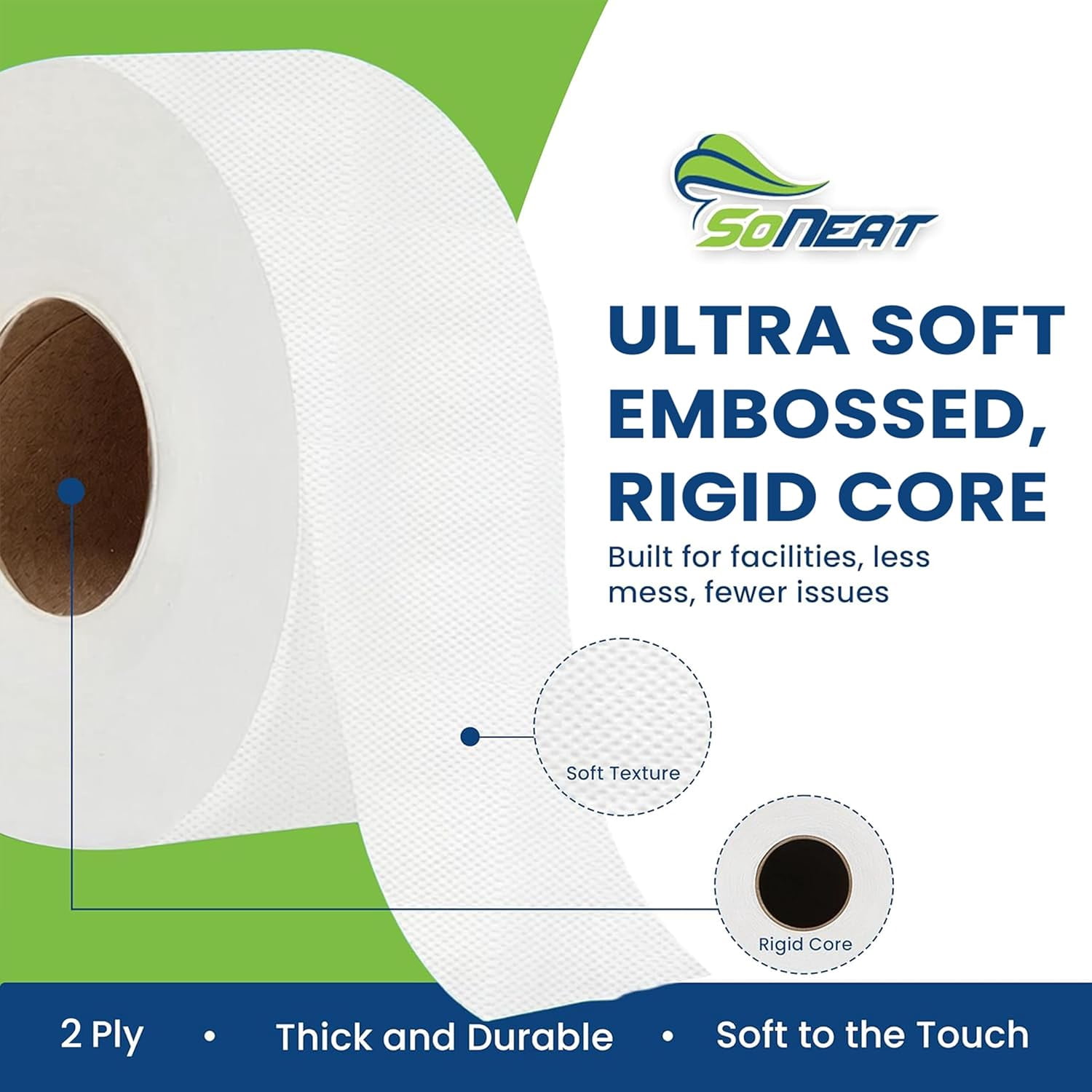 SoNeat 2-Ply Jumbo Toilet Paper Rolls, 9” Commercial Bathroom Tissue Paper, 1000 Ft. Long, Compatible with Standard Jumbo Toilet Dispenser Commercial Toilet Paper Rolls, 6 Rolls Bath Tissue Paper