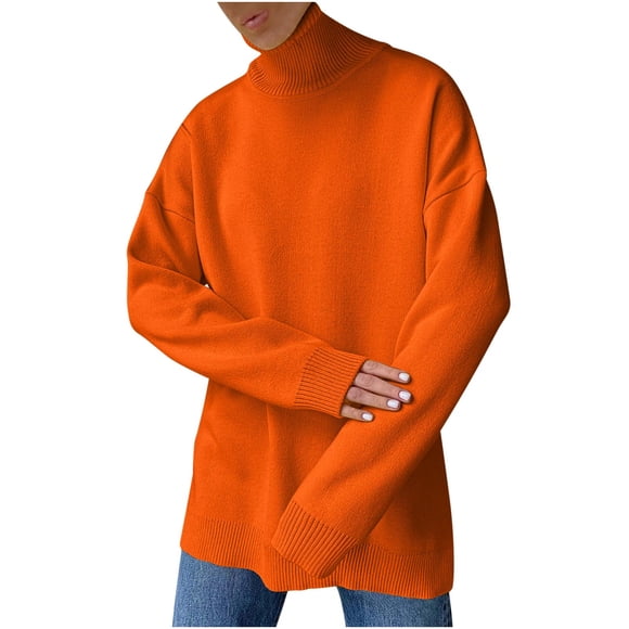 Chandail Classique pour Femmes, Chandail Col Roulé Décontracté à Manches Longues, Couleur Unie, Vêtements d'Automne 2024 S-19 Orange G