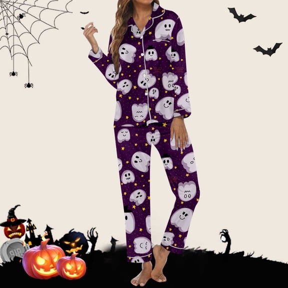Halloween Pajamas Women Ladies Halloween Sleepwear Long Sleeve Top with Pants Cozy Soft Nightwear Pajama Sets for Women Dark Purple XXL