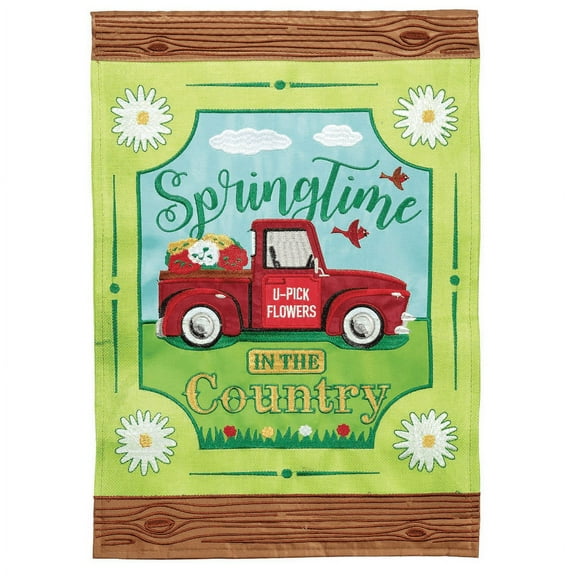 Magnolia Gardens M011296 13 x 18 in. Double Applique Springtime In Country Burlap Garden Flag