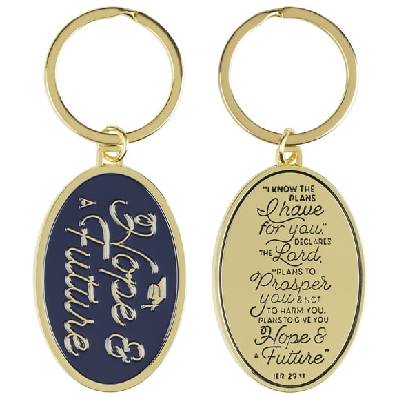 Christian Art Gifts Engraved Gold Metal Scripture Keyring/Keychain for Grads: Hope & a Future - Jer. 29:11 Inspirational Bible Verse, Small Religious Accessory for Students, Men & Women, Navy Blue