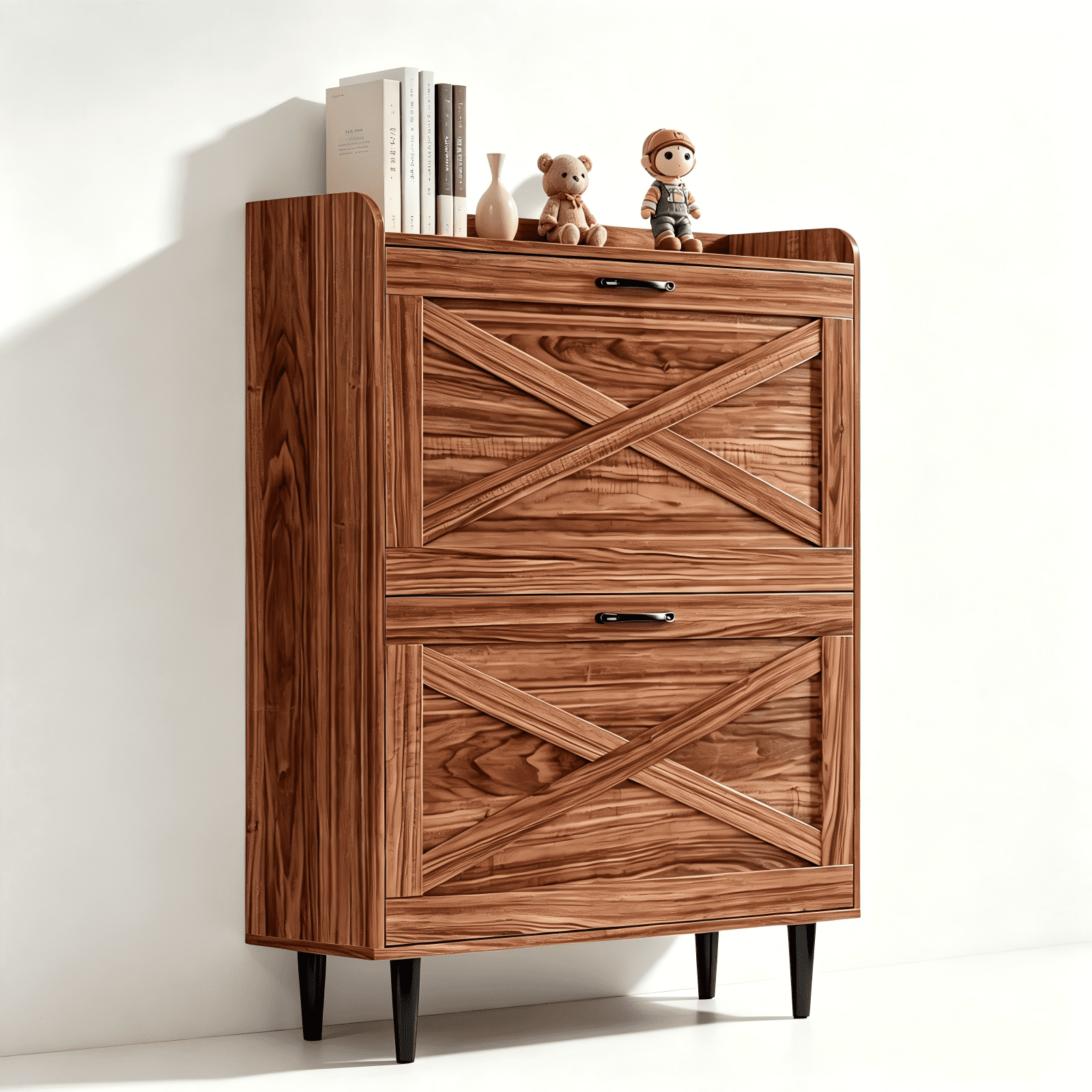 2-Drawer Top Enclosure Barn Door Shoe Cabinet Melamine Board Embossed MDF Shoe Cabinet, 31.61*9.45*39.37in, Walnut