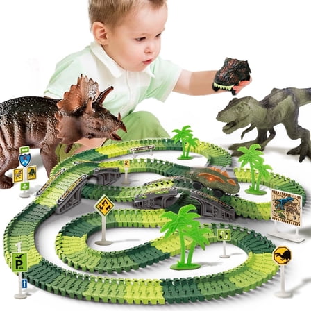 340Pcs Dinosaur Race Track Toy, Dinosaur Toys for Boys 3-6 Years, STEM Vehicle Playset, Track Playset Gift for Toddler 3 4 5 6 Years