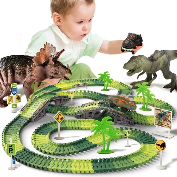 340Pcs Dinosaur Race Track Toy, Dinosaur Toys for Boys 3-6 Years, STEM Vehicle Playset, Track Playset Gift for Toddler 3 4 5 6 Years