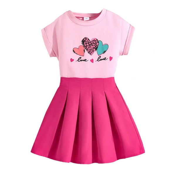 RUTAYY Children Girls Skirt Outfits Sets Two Piece Short Sleeve Heart Pattern Top T Shirt And Skirt Set Fashion Clothing, Hot Pink, 11-12 Years