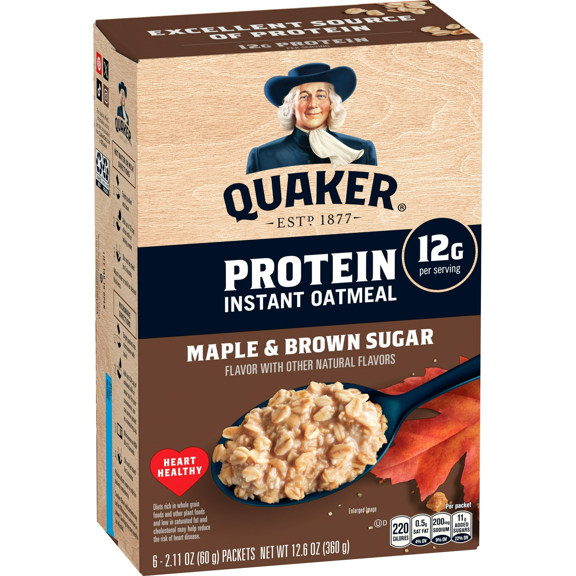 Quaker, Protein Instant Oatmeal, Maple & Brown Sugar, 2.11 oz, 6 Packets