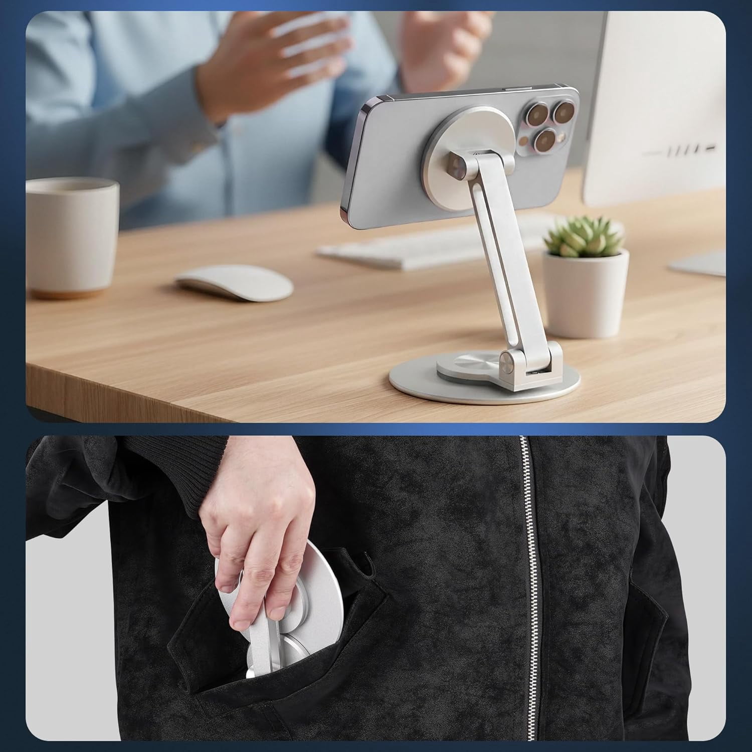 360° Rotating Magnetic Phone Stand for Desk, Adjustable Foldable Aluminum for Cell Phone Stand, Compatible with iPhone 17/16/15/14/13/12 Series and Android (Silver)