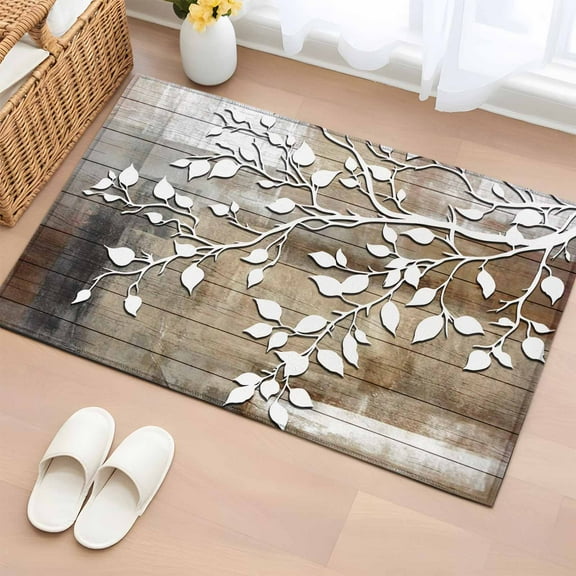 White Branches Bathroom Rug Washable 2x3 Entryway Rug Non Slip Brown Beige Wooden Grain Front Door Mat Low Pile Indoor Doormat Throw Floor Carpet for Kitchen Bedroom Entrance