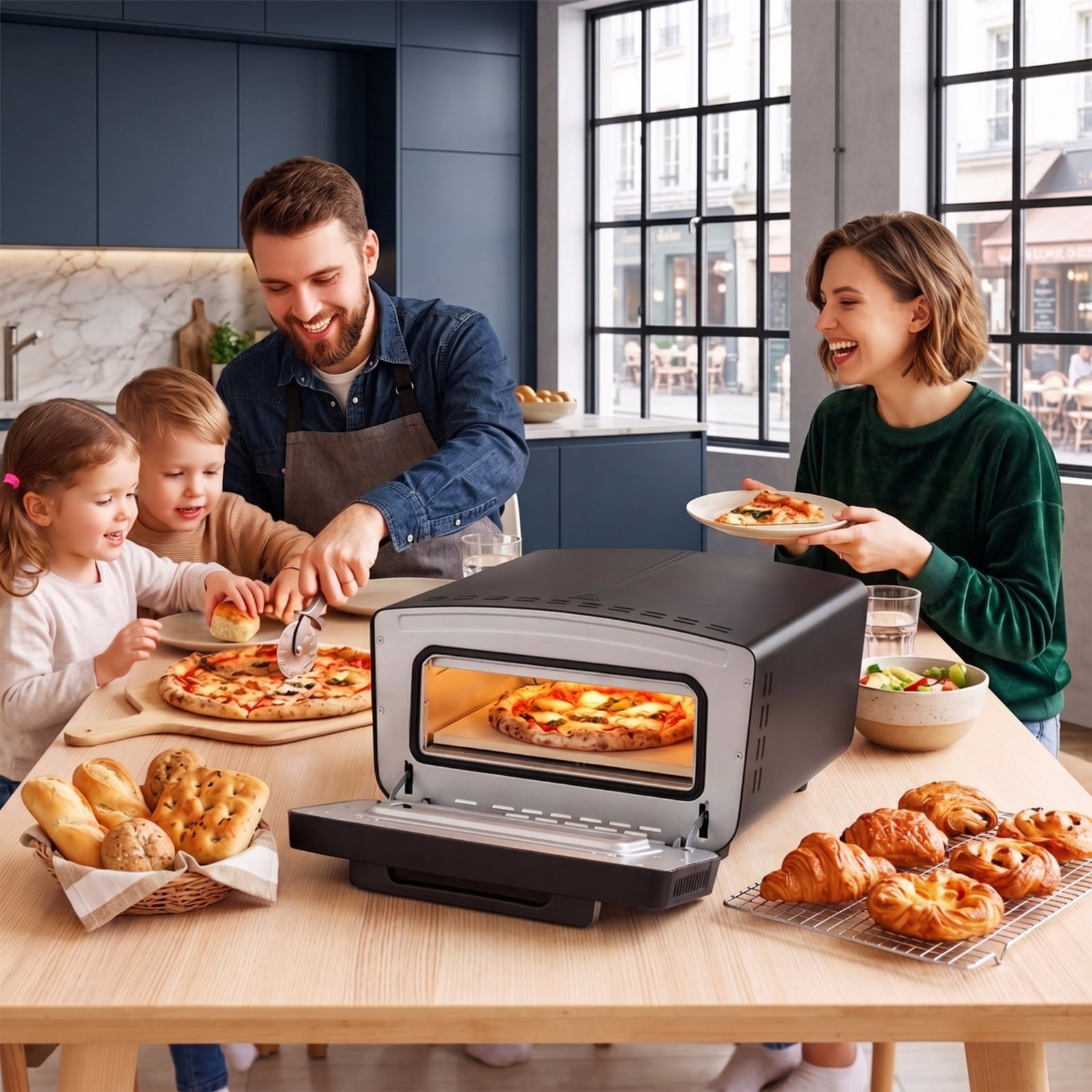 RUIE Indoor Electric Pizza Oven for 12 Inch Pizzas, 1700W Countertop Pizza Maker with 8 Presets 850F Pizza Stone and Peel for Home Kitchen, Black