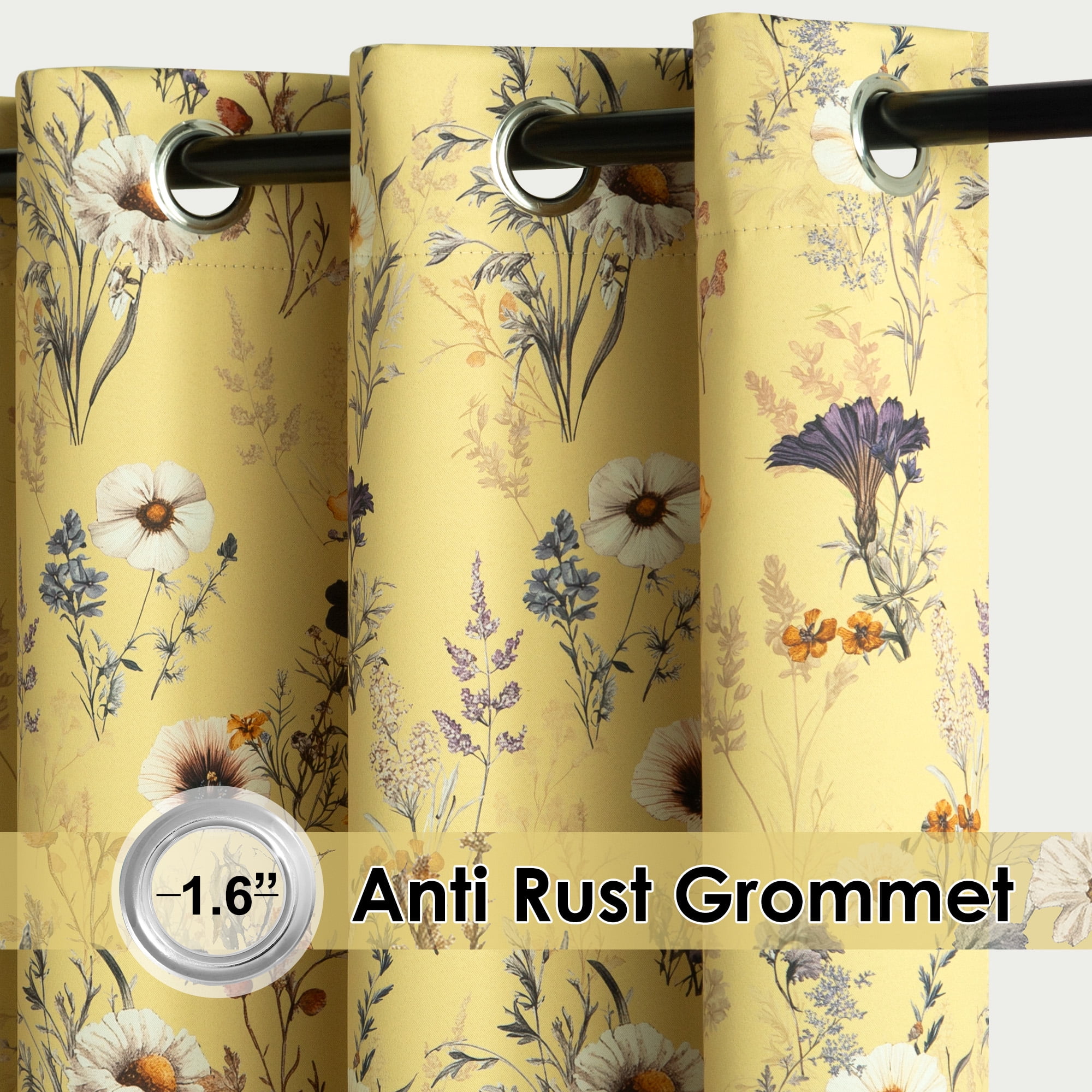 NICETOWN Floral Curtains for Bedroom, Blackout Thermal Insulated Privacy Protection Curtains Grommet Room Darkening Drapes for Living Room, Light Yellow, 52"x84"， 2 Panels