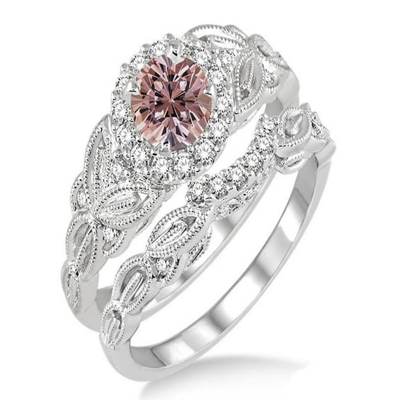 1.25 Carat Morganite & Diamond Vintage floral Bridal Set Engagement Ring on 10k White Gold