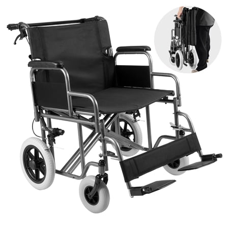 VEVOR Wheelchair, Carbon Steel Transport Chair for Adults, Foldable Wheelchair with Detachable Armrest, Self-locking Brake,24-Inch Wide Seat,300lbs Weight Capacity,for the Disabled Move Freely