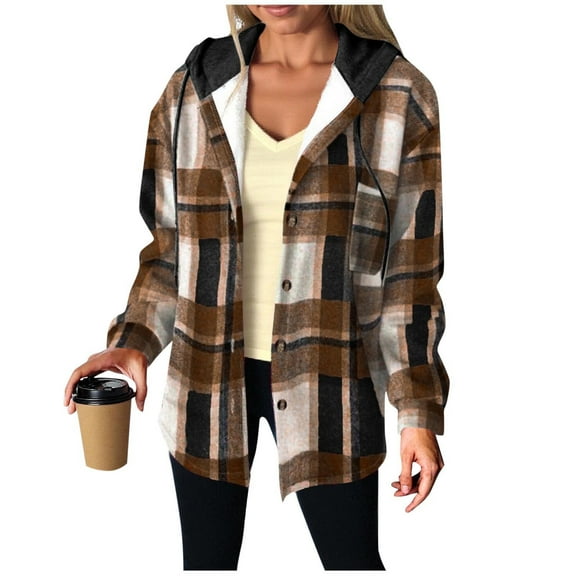 Yangnuo Womens Trendy Warm Fleece Lined Plaid Buttoned Hooded Comfy Jackets 2026 Women's Casual Fashion Plaid Hooded Long-sleeve Buttoned Hooded Thick Sweatshirt Pocket Coat Top