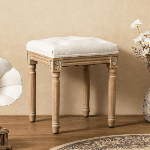 15.7" Tufted Linen Vanity Stool with Carved Solid Wood Legs – Multi-Use Dressing Bench for Bedroom, Entryway & Commercial Seating, Beige
