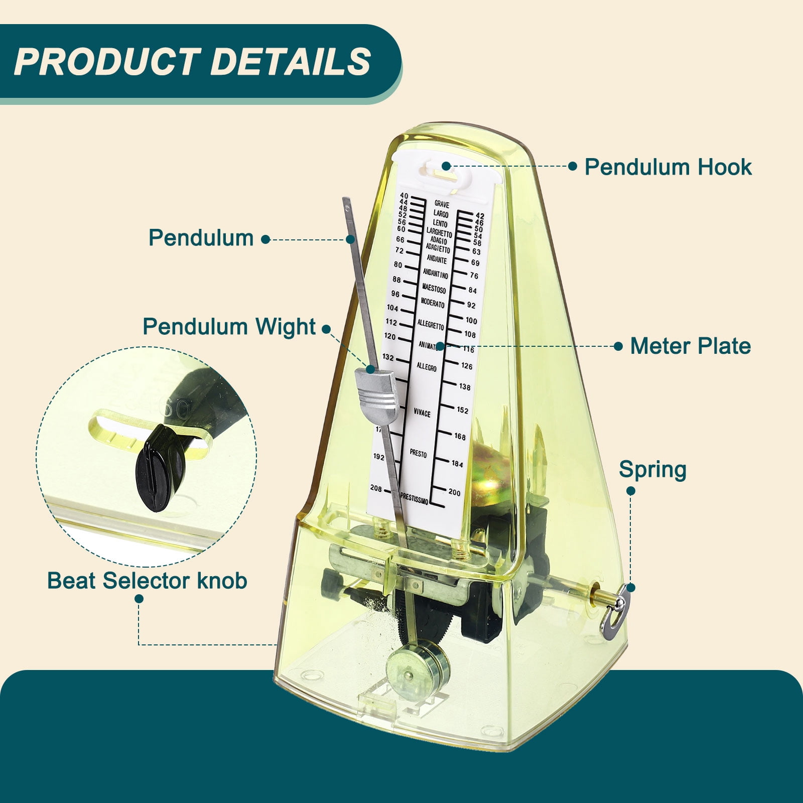 Uxcell Mechanical Metronome High Accuracy Musical Timer Universal Metronome for Piano Guitar Violin Ukulele Player,Transparent Yellow