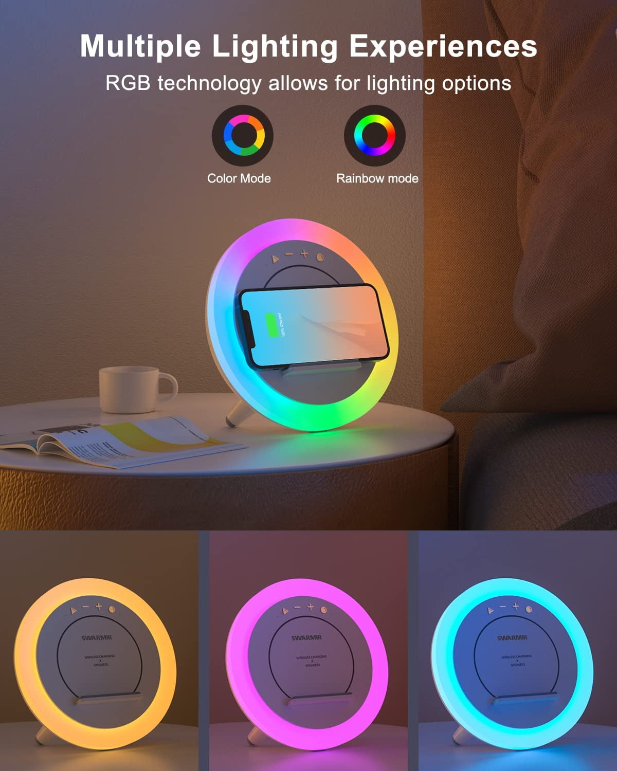 Bluetooth Speaker Night Lights, Wireless Charging Kids Speaker, Color Changing Modern Bluetooth Lamp,Teenage Boys Girls Gifts Ideas (15W Wireless Charging)