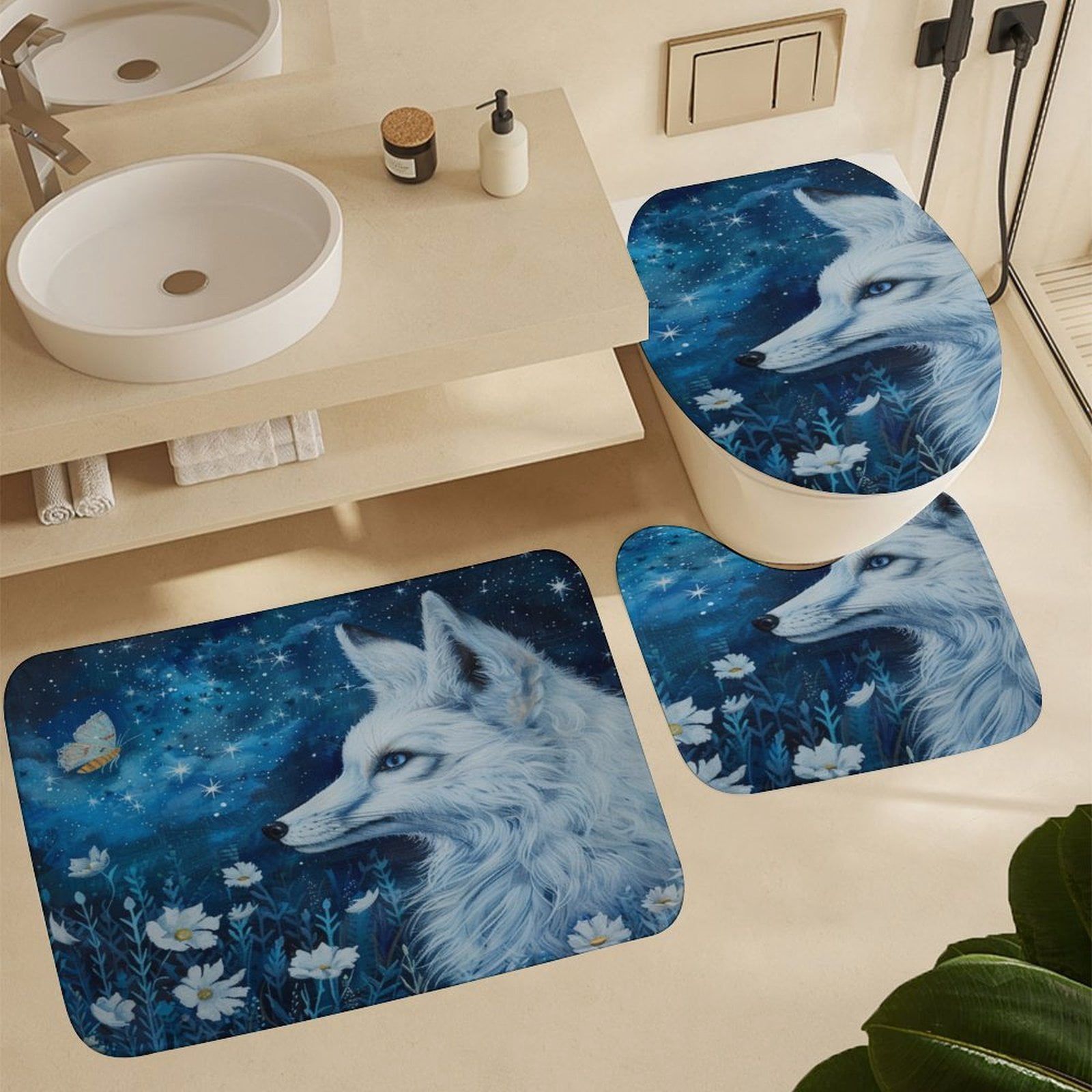 Nine Tailed Fox Chasing Butterfly 4 Pcs Shower Curtain Set with Rug Bathroom Sets with Waterproof Fabric And Non-Slip Rugs Toilet Lid Cover Bath Mat Decor with Hooks