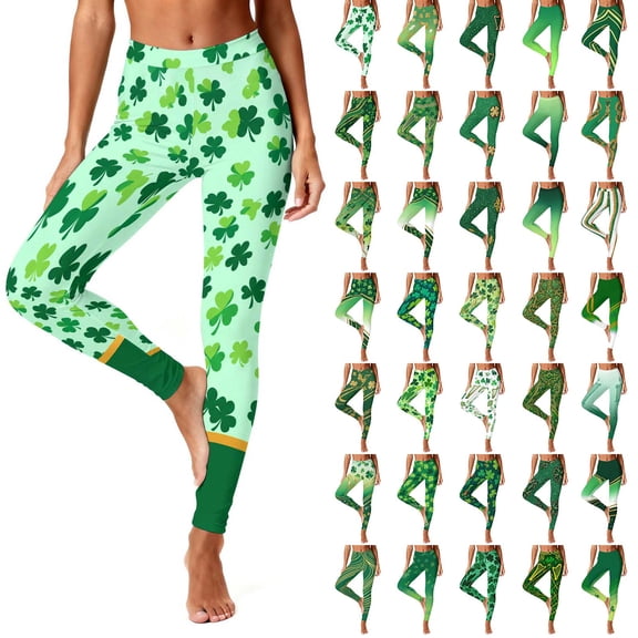 Meichang St. Patrick's Day Leggings for Women High Waist Shamrock Print Tights Green Running Workout Yoga Pants Stretchy Leggings