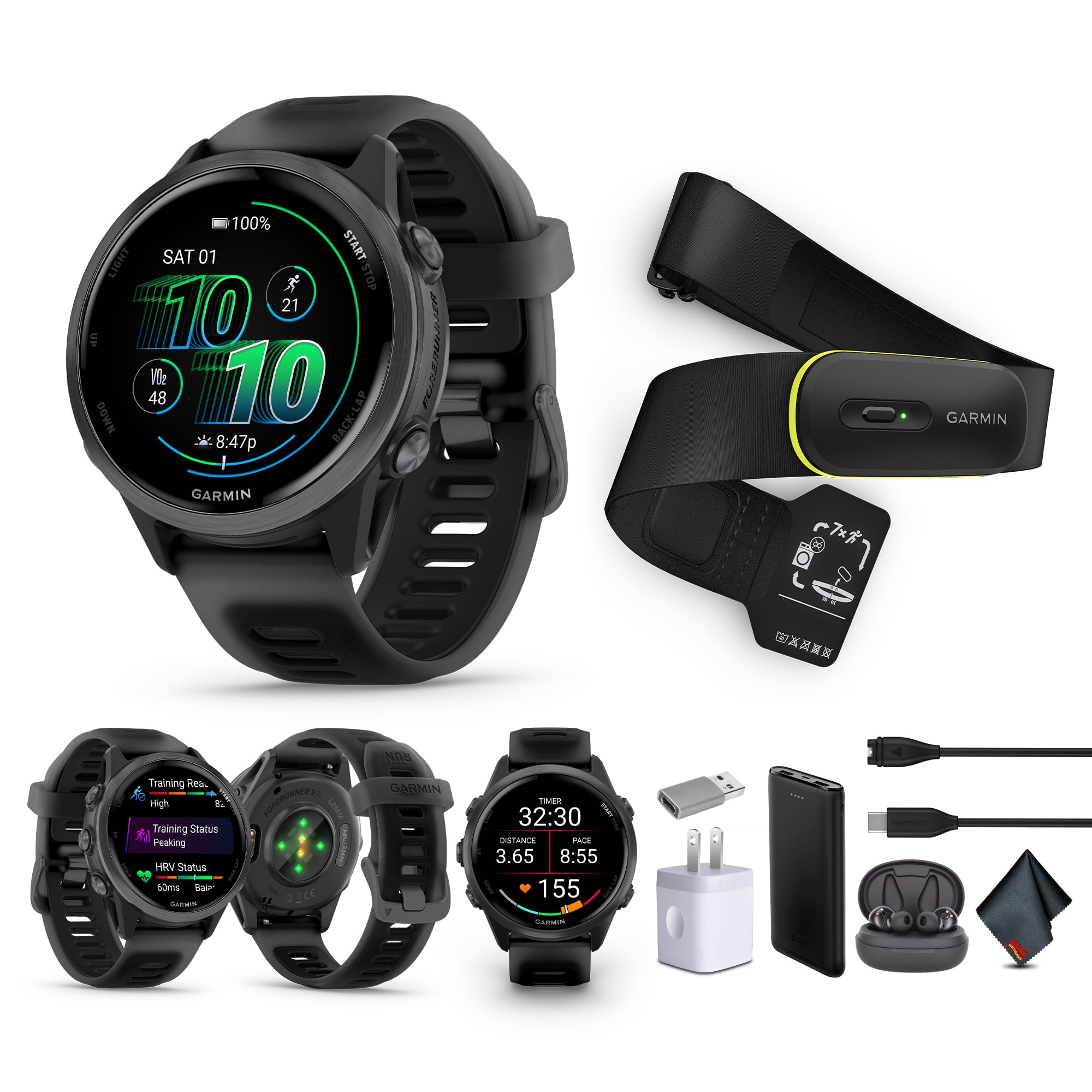 Garmin Forerunner 570 Running Smartwatch, 42MM WiFi, GPS Fitness Smart Watch For Men And Women, Slate Gray Aluminum with Translucent Black/Black Band + Access 600 Fitness Monitor, M-XL + More