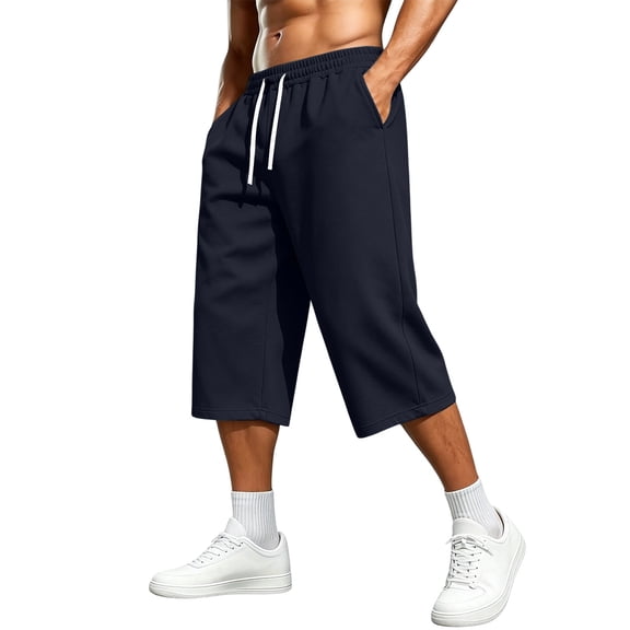 Ahabrexf Men's Casual Capri Pants, Elastic Drawstring Waist with Pockets Solid Color Lightweight Polyester for Jogging Hiking Daily Wear