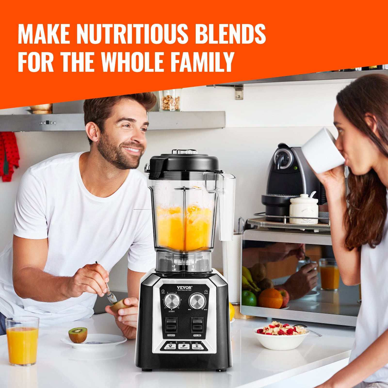 VEVOR Professional Blender, Commercial Countertop Blenders, 68 oz Glass Jar Blender Combo, Stainless Steel 3 Functions Blender, for Frozen Drinks, Shakes, Smoothies, Peree, and Crush Ice, Black