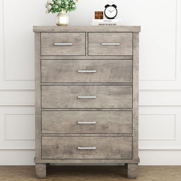 6-Drawer Dresser, 45 Inch Grey Storage Cabinet - Solid Wood Frame, Soft-Close Drawers for Bedroom & Entryway