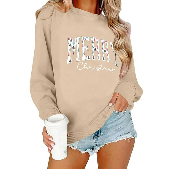 Women's Round Neck Merry Christmas Printed Long Sleeved Top Sweatshirts