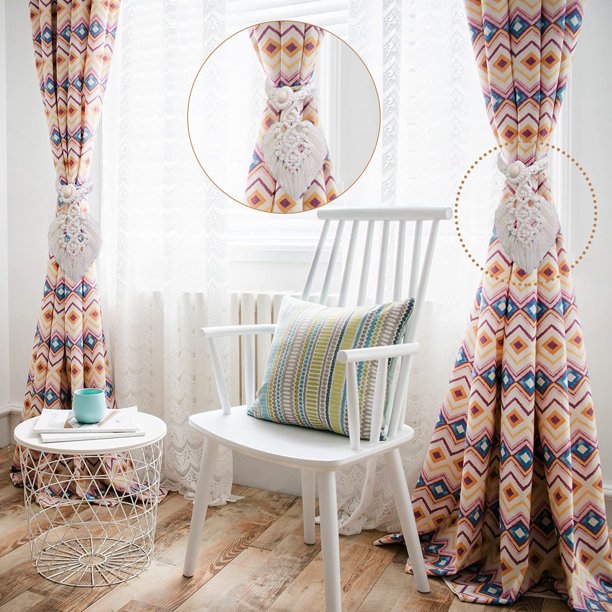 2 Piezas - Alzapaños De Cortina Tejidos A Mano (Algodón, Con Borlas Y Cuentas De Madera)