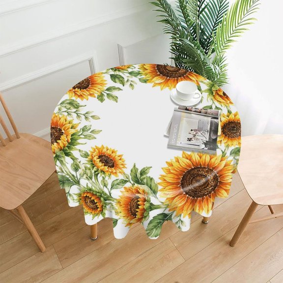 RKSupls 60 Inch Round Tablecloth, Sunflower Wreath Watercolor Premium Polyester Straight Edge Wrinkle Resistant Washable Table Cover for Party Home Dining Decor