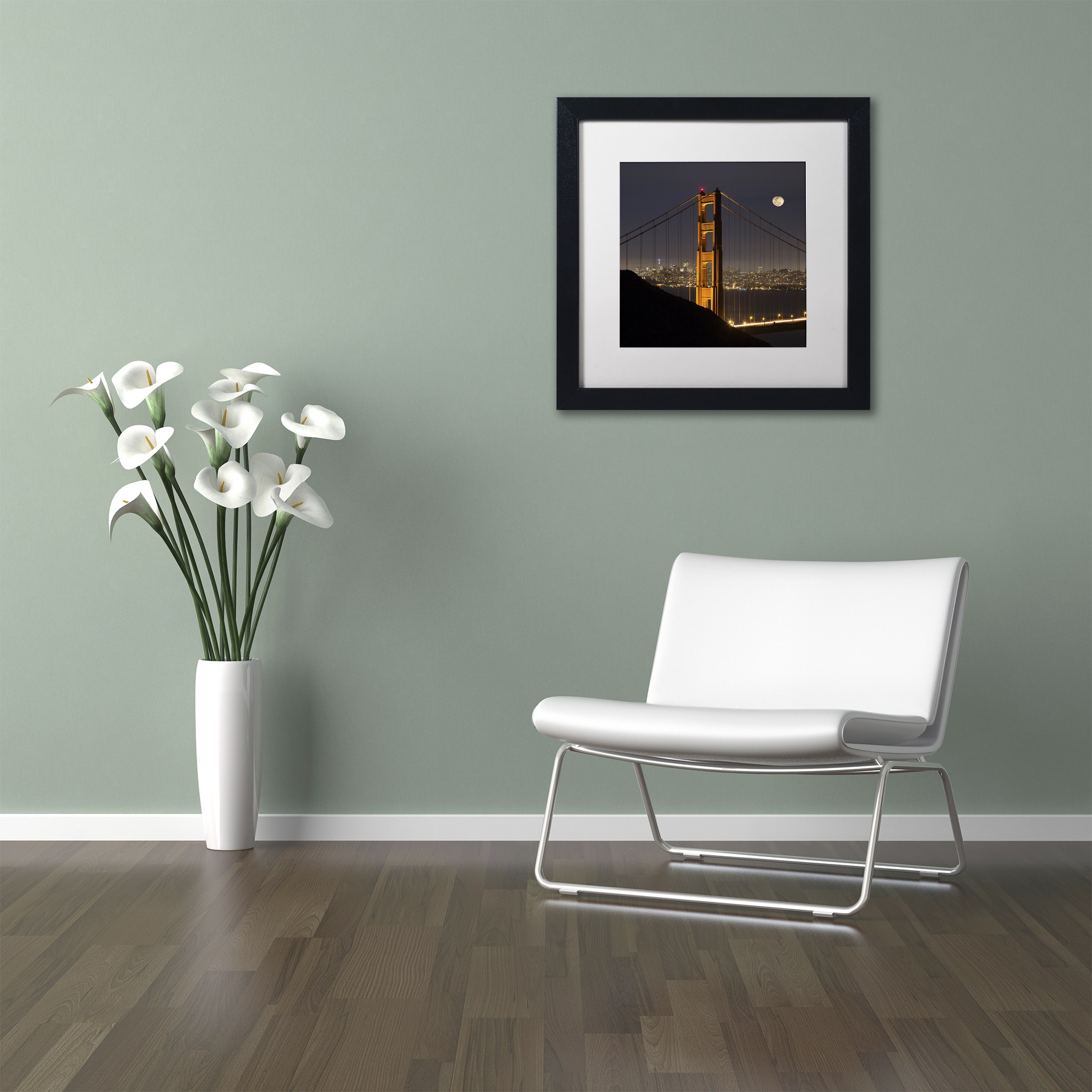 Trademark Fine Art "Golden Gate and Moon" Canvas Art by Moises Levy White Matte, Black Frame