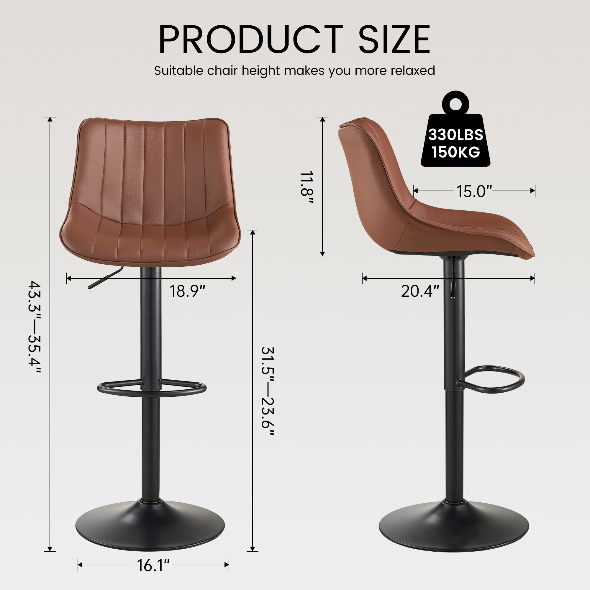 SAETSFEG Bar Stools Set of 2, Adjustable Swivel Counter Height Bar Stool with Footrest, Modern PU Leather Bar Chairs for Kitchen Island, Dining Room, Brown