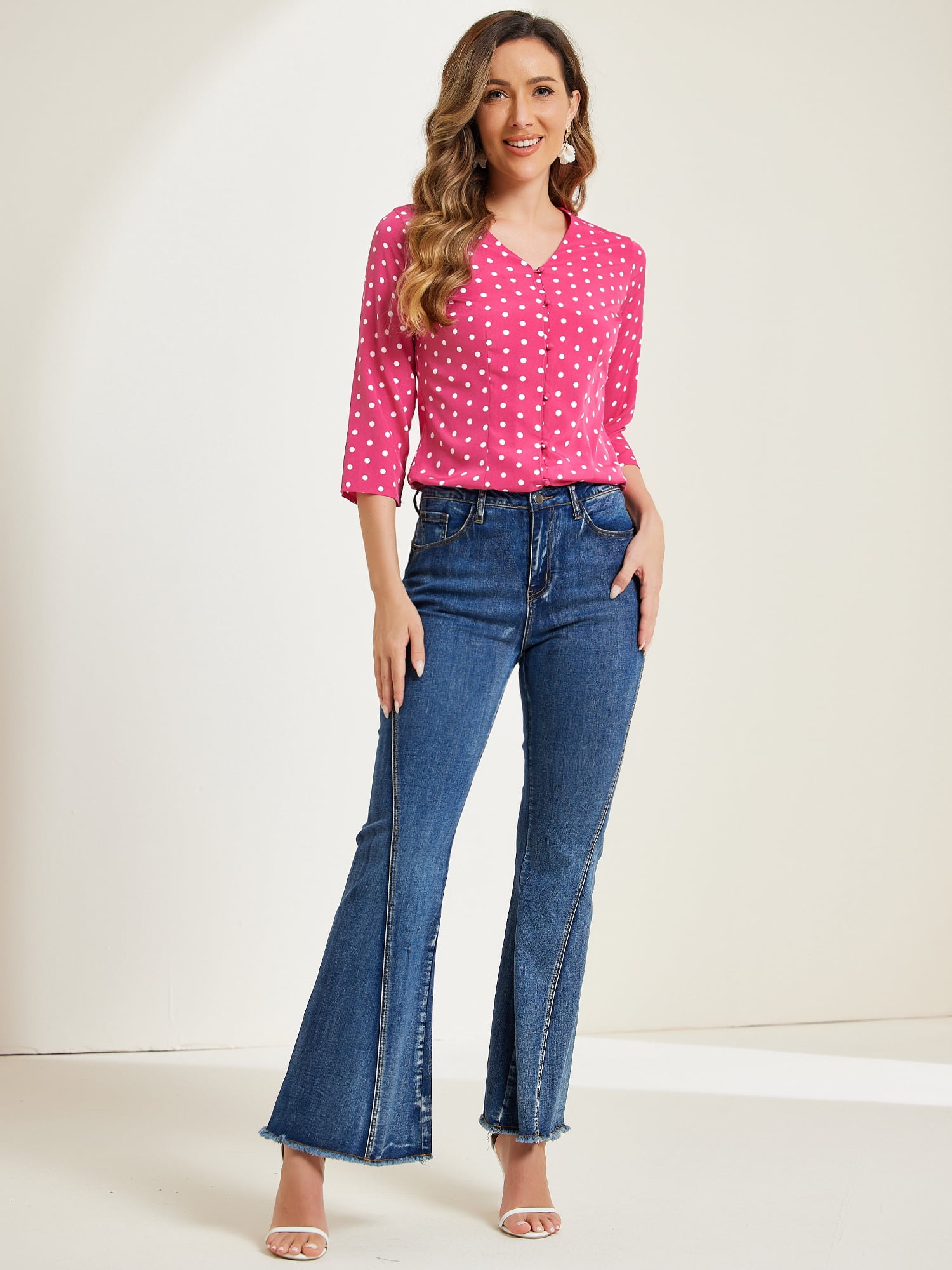 DARING DIVA Women's Polka Dots 3/4 Sleeve Button Blouse Top Medium Hot Pink