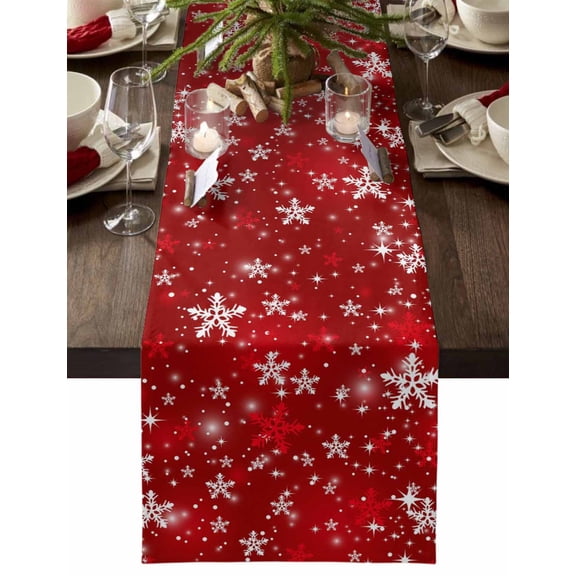 ERUNPONLY Red Snowflake Christmas Table Runner - 36 Inch Long Winter Xmas Snowflake Cotton and Linen Blended Dress Scarves Farmhouse Table Runner for Kitchen Dining, Coffee Table, 13" x 36"