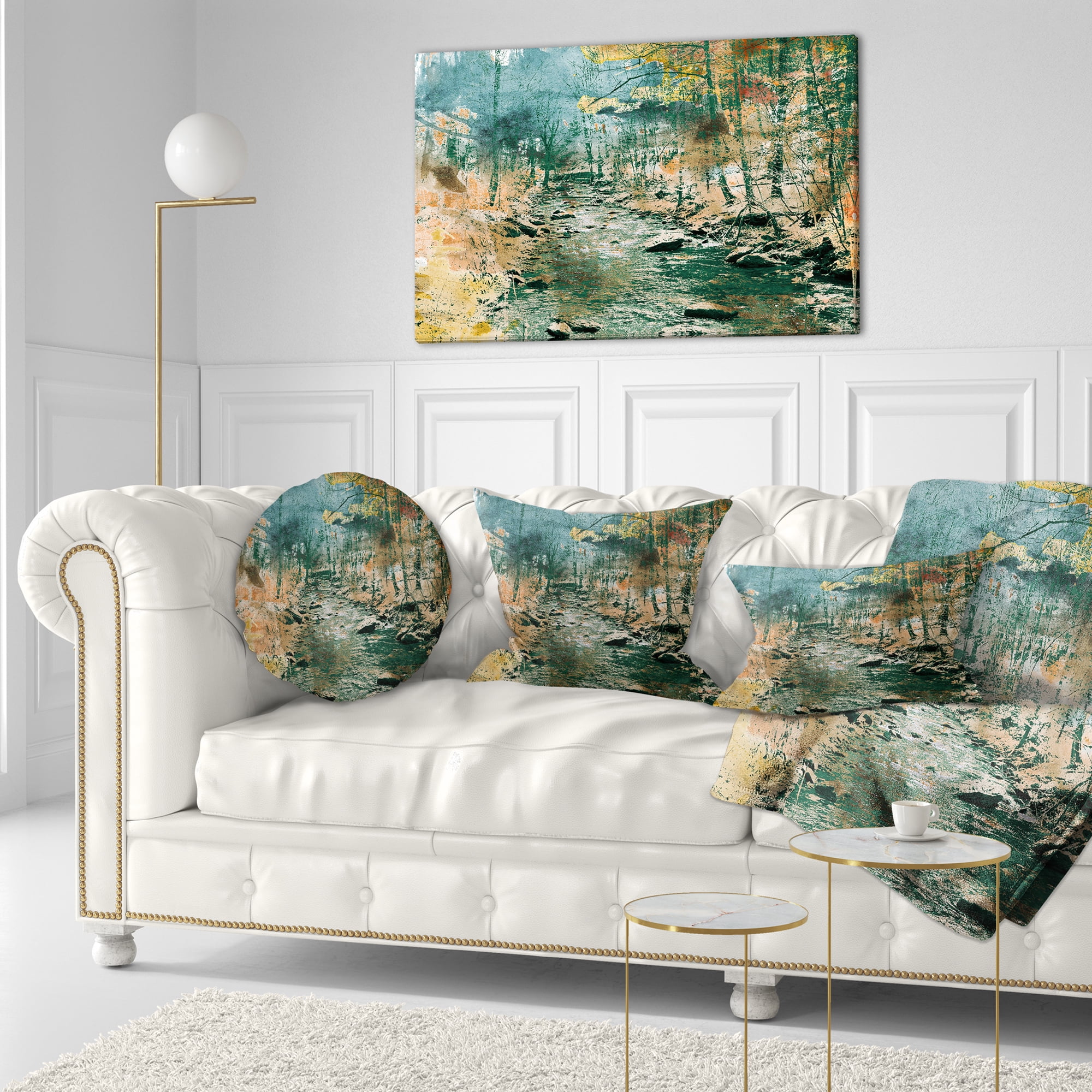 Designart Rocky River - Landscape Painting Throw Pillow - 12x20