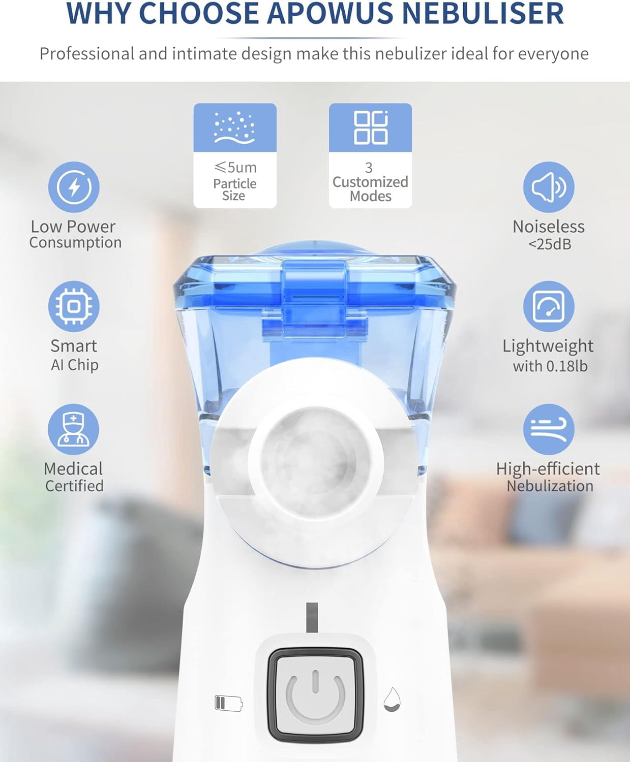Portable Cool Mist Humidifier - 5 Micron Ultrasonic, USB/Battery Powered for Bedroom, Car, Office & Travel, Compact Personal Air Moisturizer (Blue)