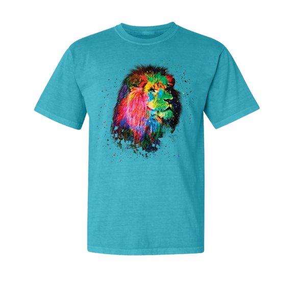 Wild Bobby, Lion Paint Art Splatter, Animal Lover, Garment-Dyed Washed Look Short Sleeve T-Shirt, Blue Lagoon, Small