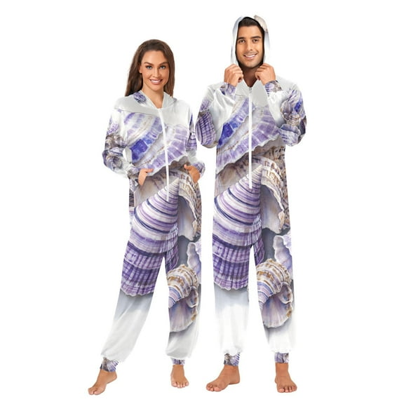 Stripe Shells Purple Adult Onesie Pajamas Slim Fit Christmas One Piece Suit Pjs for Women and Men Hooded Zipper