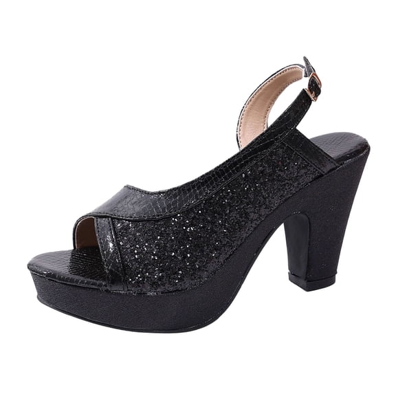 Rokment Women's Sparkly Sequin High Heels Slingback Dressy Sandals Delicate Bling Leather Peep Toe Slip on Platform Dress Pumps for Bride Wedding Banquet Black Size 5.5