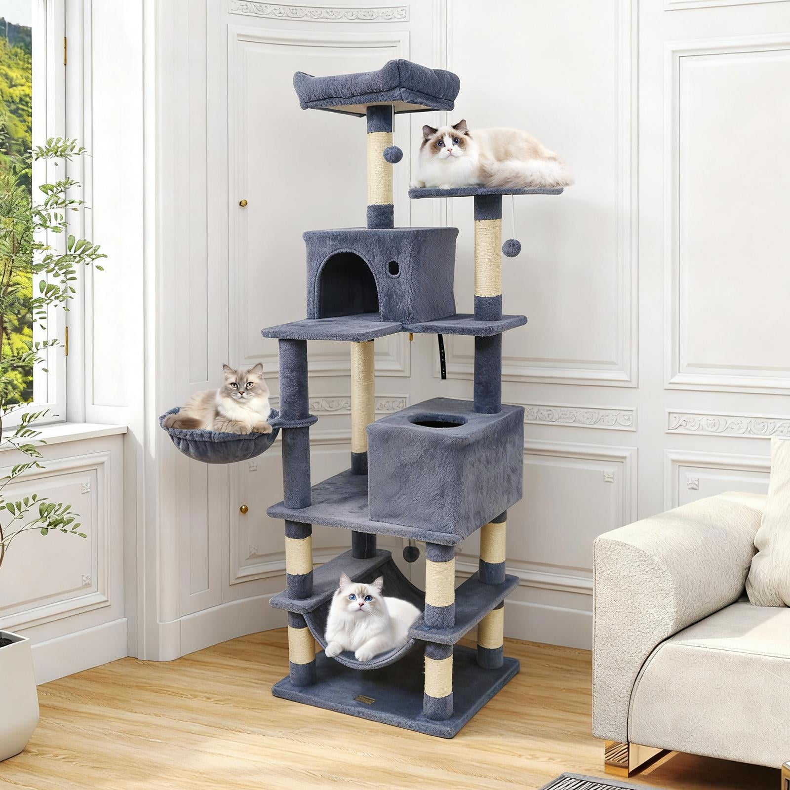 GVN 66 Inch Tall Multi-Level Cat Tree Tower, Cat Tree with 2 Condos Sisal Scratching Posts, Cat Scratchers for Indoor Cats, Dark Gray