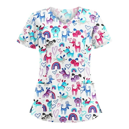 

UDAXB Womens Nursing Scrub Tops Valentine s Day Love Heart Printed Working Uniform Short Sleeve V-Neck Workwear Blouse T-shirt with Pockets