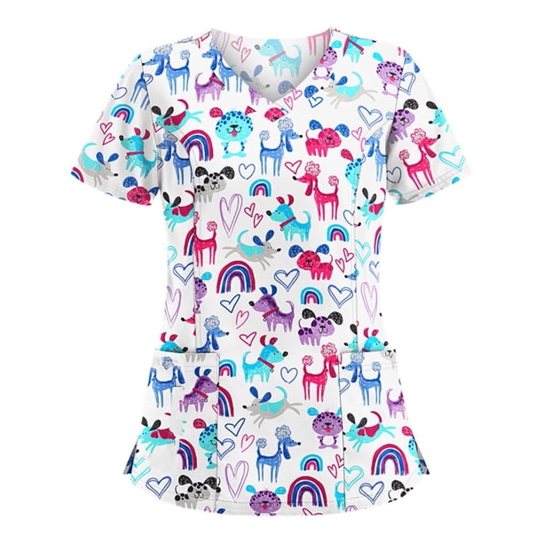 mujer manga corta cuello en v patrón de dibujos animados tops uniforme de trabajo camisetas rosa / 5xl