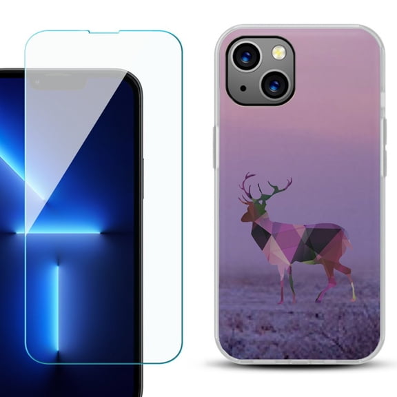 Slim-Fit Gel TPU Phone Case for iPhone 14, with Tempered Glass Screen Protector, by OneToughShield ® - Deer/Polygon