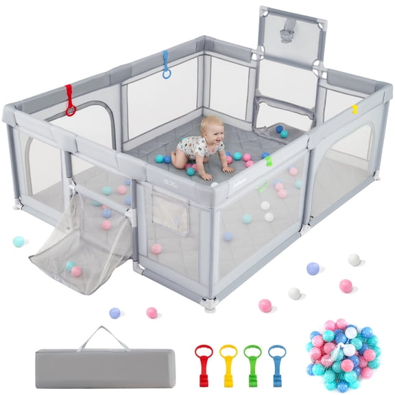 INFANS Parc pour Bébé 74 Pouces x 62 Pouces avec Tapis Doux, Panier de Basketball, 2 Buts de Soccer, 4 Poignées et 50 Balles d'Océan, Maille Respirante, Grand Parc Intérieur et Extérieur pour Tout-Petits