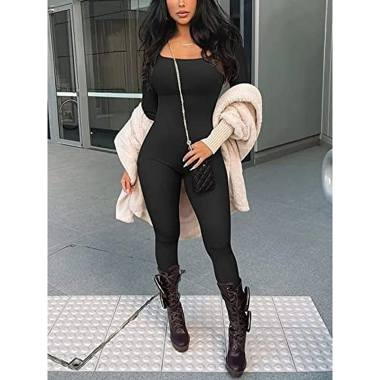 Women Ribbed Knit Yoga Jumpsuits Long Sleeve Square Neck Bodycon Jumpsuit  One-Piece Workout Sports Outfits