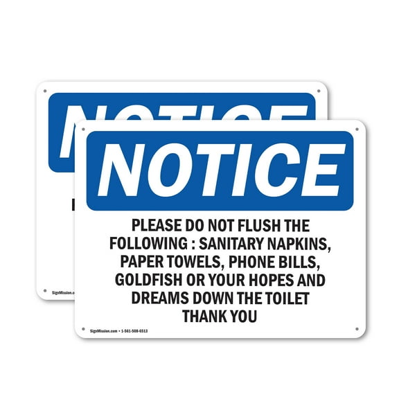 (2 Pack) Please Do Not Flush The Following Sanitary OSHA Notice Sign 14 Inch X 10 Inch Indoor / Outdoor Rust-Free Aluminum Metal Signs for Workplace, Workshop, and Construction Site, Made in the USA
