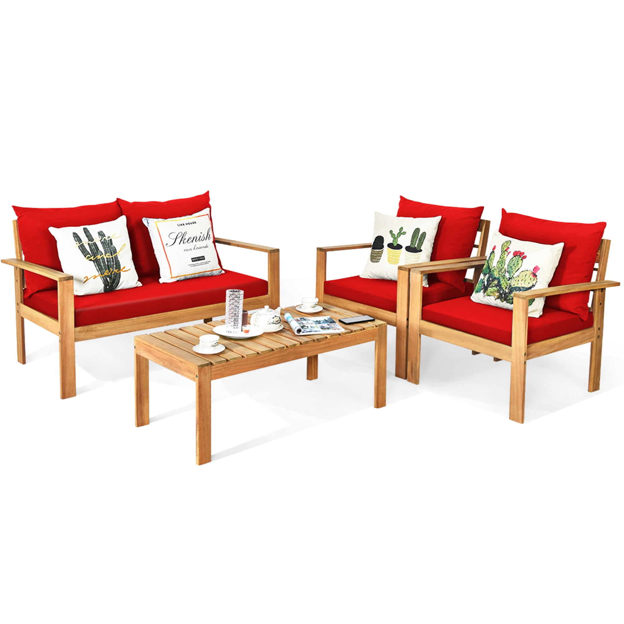 Gymax 8PCS Patio Acacia Wood Conversation Furniture Set w/ Red Cushions