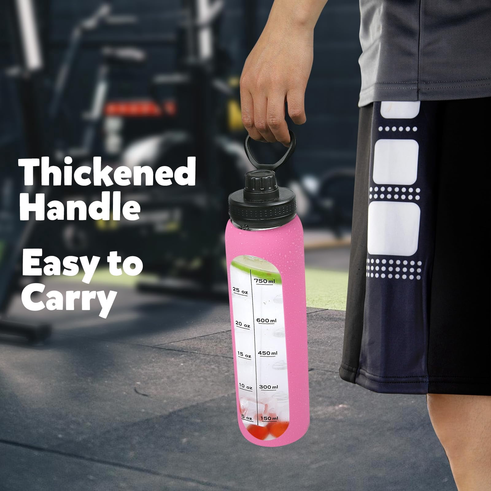 Glass Water Bottles 32oz with Silicone Sleeve Drinking Hydration Bottles Reusable Borosilicate Wide Mouth Motivational Water Flask Canteen with Time Marker Spout Lid and Brush
