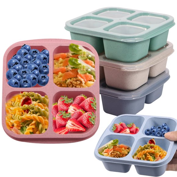 4Pack Kids Snack Containers with Lid 4 Compartment Bento Snack Box Stackable Lunch Snack Container