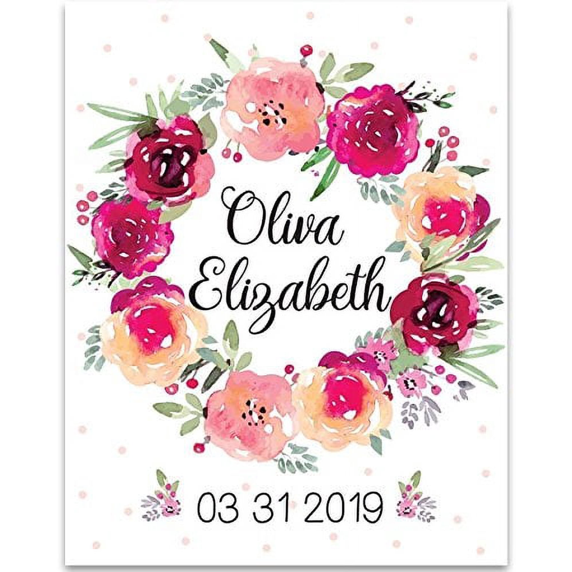 Baby Nursery Personalized Watercolor Floral Wreath With Date - 11x14 Unframed Art Print - Great Nursery Decor
