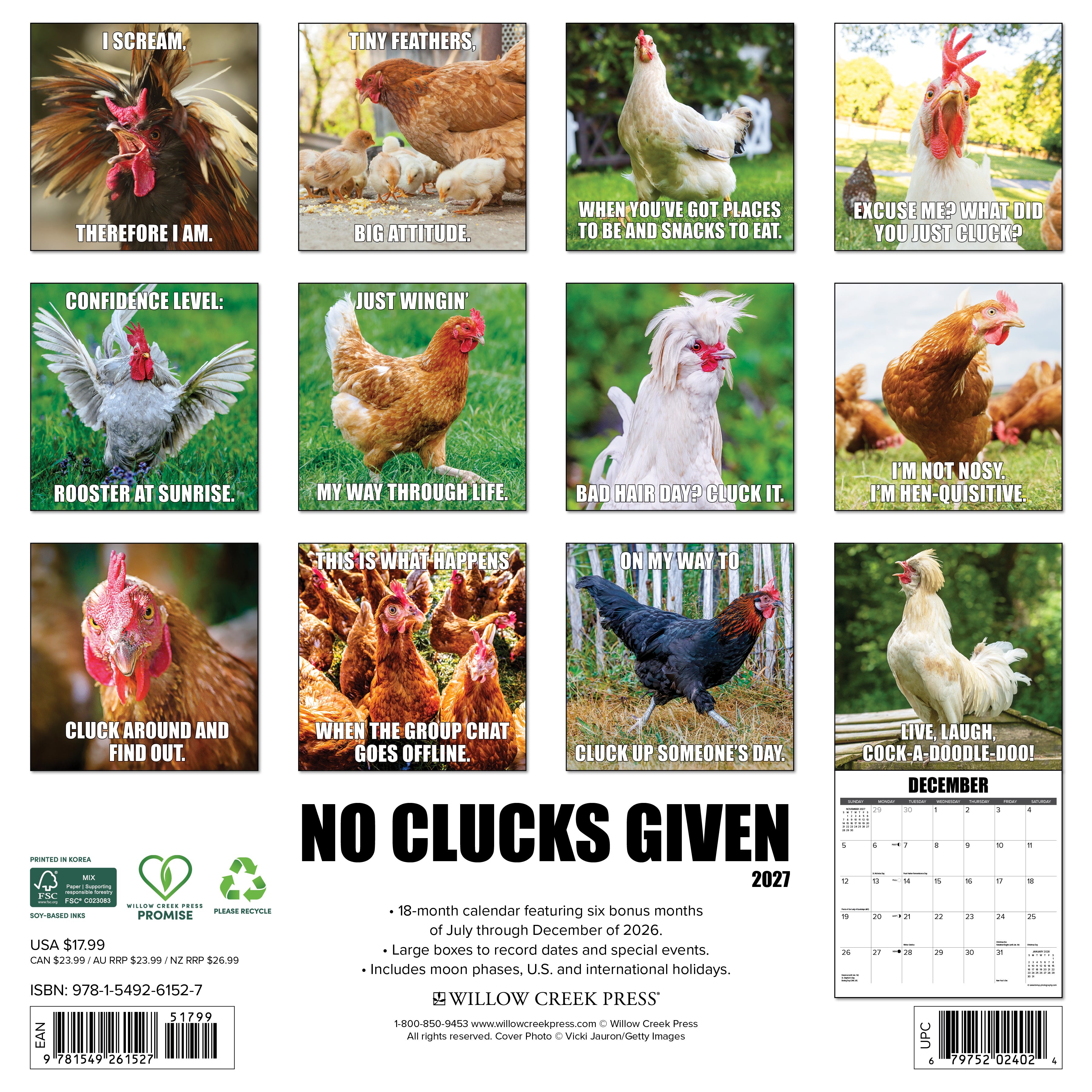 Willow Creek Press, No Clucks Given 2027 Wall Calendar
